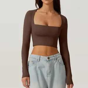 Women's Basic Sexy Square Neck Long Sleeve Y2K Going Out T Shirt Crop Top
