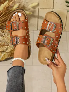 New Women's Sandals Dual-Row Buckle Beaded Design Comfortable Durable Fashion Beach Versatile Daily Wear Style Footwear