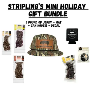 Stripling's Mini Holiday Gift Bundle - Camo Five Panel Patch Hat - Hickory/Peppered/Jalapeno\Honey BBQ Beef Jerky & Chipotle Teriyaki Pork Jerky - Family Owned Premium Snack Packs - Made in the USA - 8-