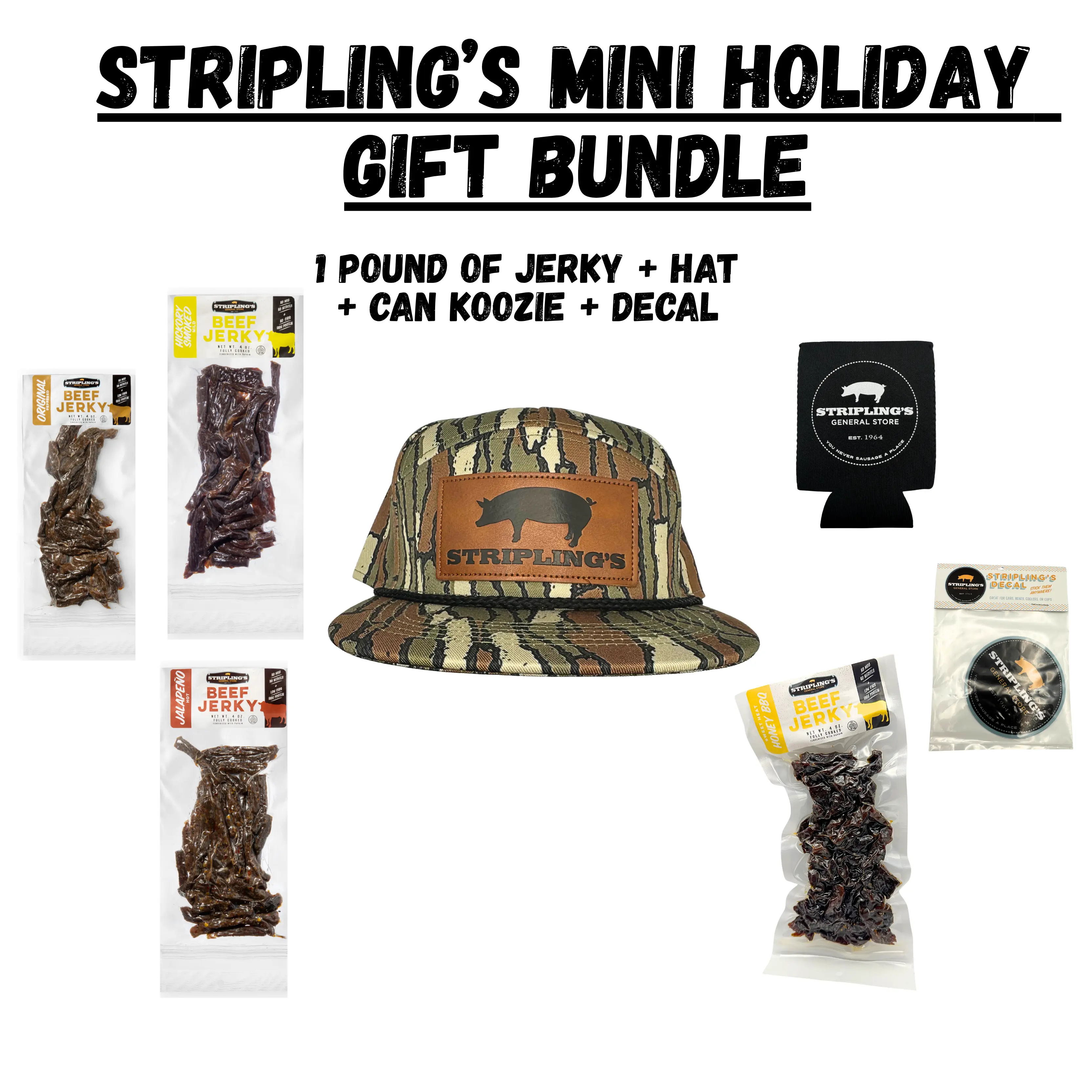 Stripling's Mini Holiday Gift Bundle - Camo Five Panel Patch Hat - Hickory/Peppered/Jalapeno\Honey BBQ Beef Jerky & Chipotle Teriyaki Pork Jerky - Family Owned Premium Snack Packs - Made in the USA - 8-