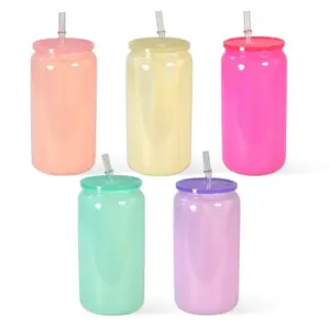 16oz Shimmer Sublimation Glass Cup with Plastic Lid and Straw, Reusable Drinkware Water Bottle