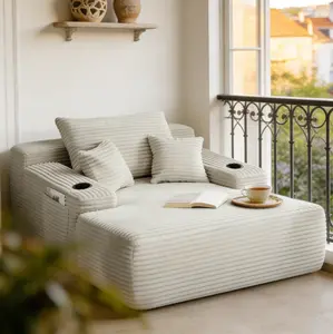 Niccae NEW Convertible Chaise Lounge Chair Plush with Wide Armrest & Throw Pillows, Cozy Boneless Sleeper Sofa Bed Armchair, with cup holder,for Living Room, Bedroom, No Assembly Required,Beige,Plush