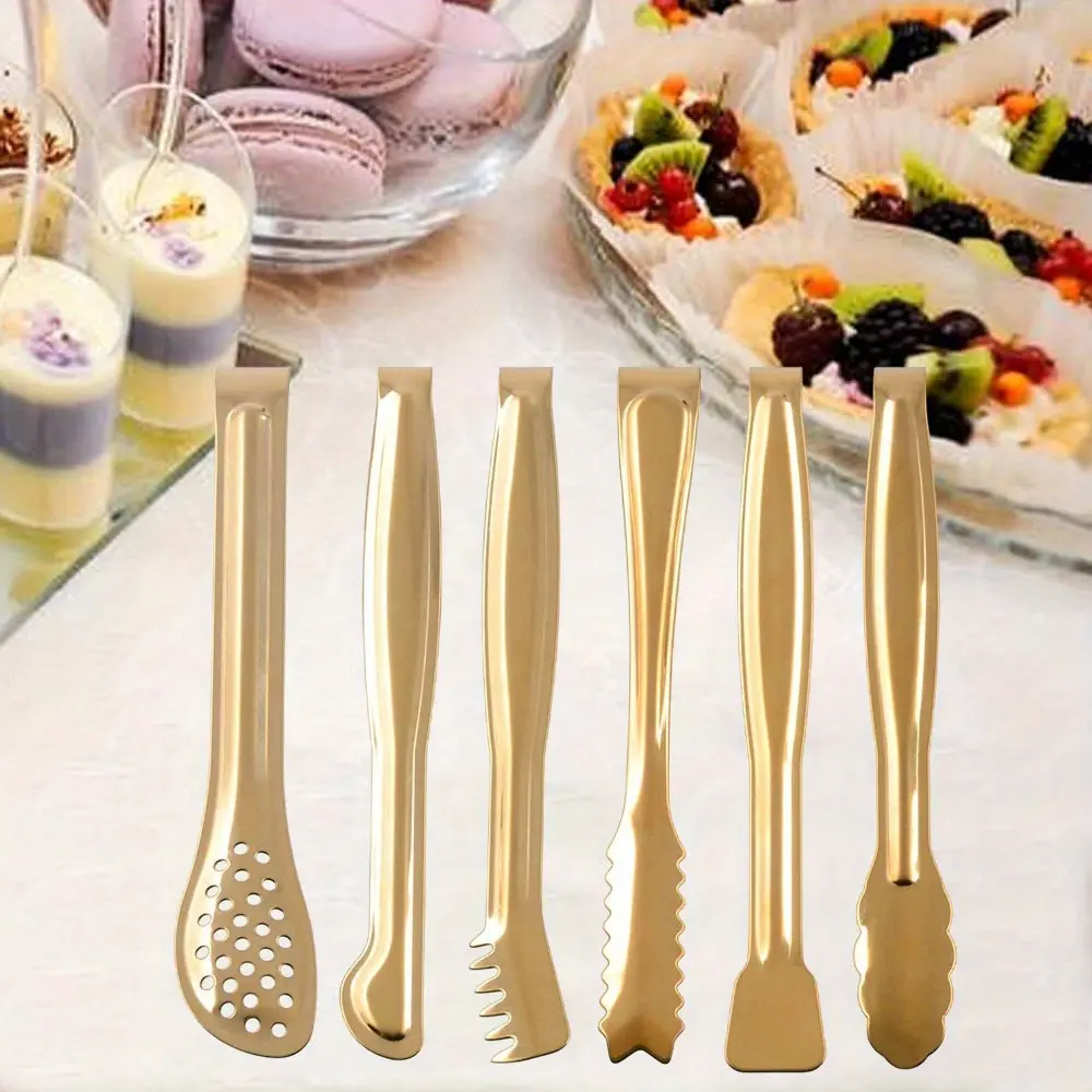 Stainless Steel Mini Food Tongs, 6-Piece Golden Kitchen Tool Set with Assorted Shapes for Appetizers, Tea Parties, and Candy Buffets
