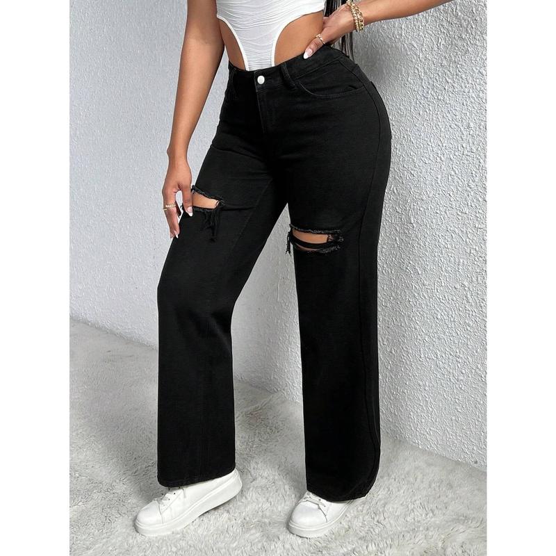 SHEIN SXY Single Button Cut Out Ripped Frayed Wide Leg Jeans
