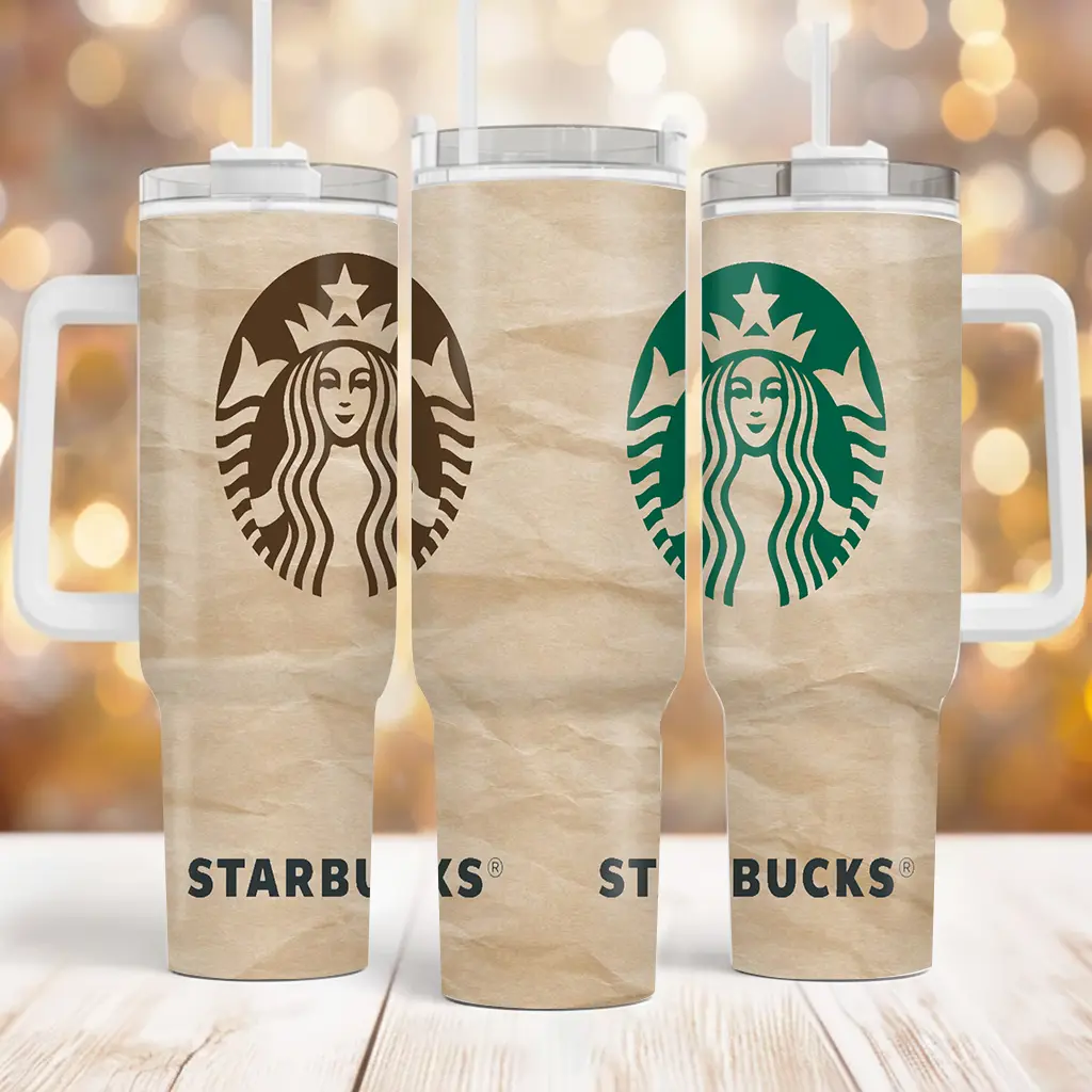 Starbucks Themed 20oz & 40oz Tumbler, Kraft Paper Bag Design with Black &  White Handle, Great