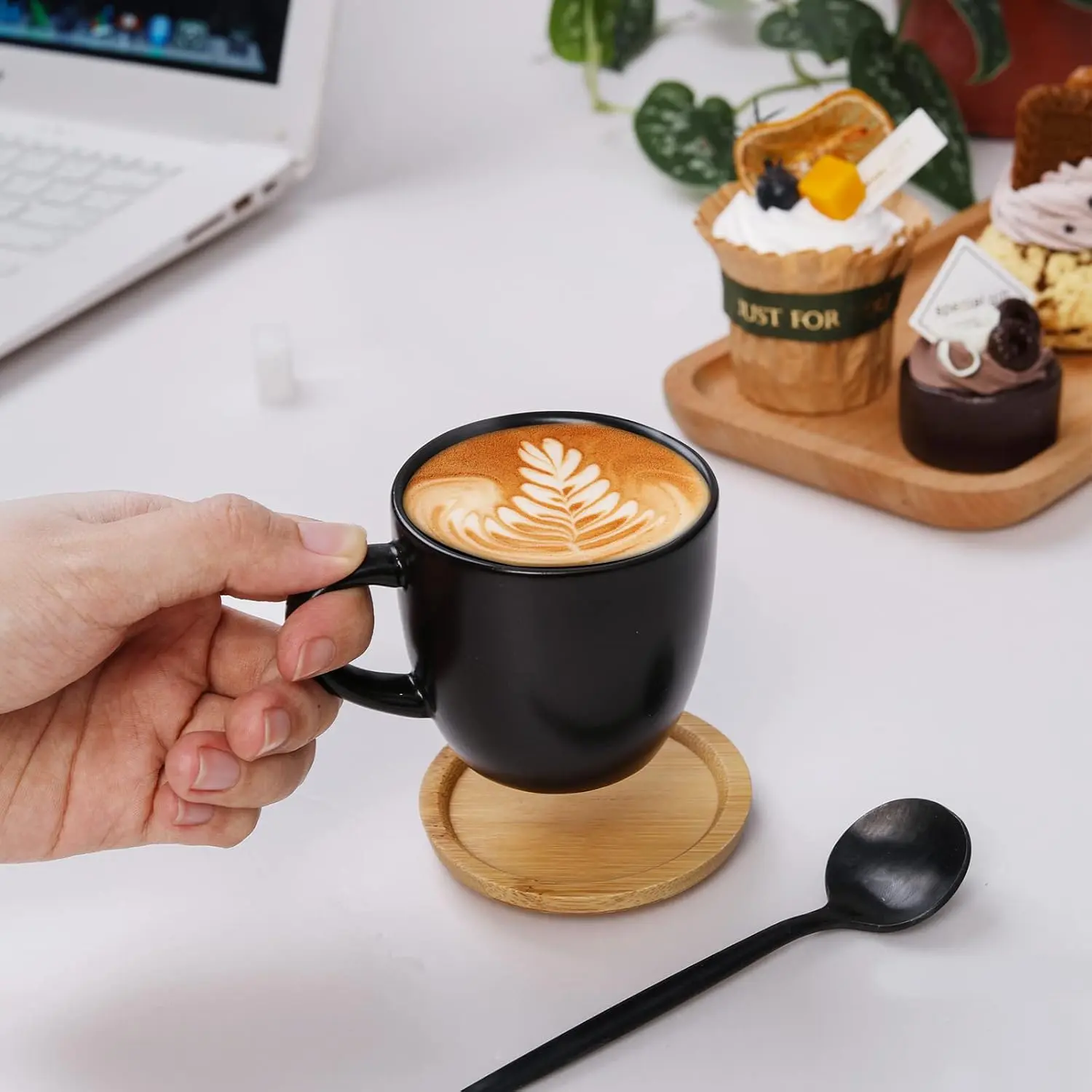 Black Porcelain 4 oz Demitasse Espresso Cups and Saucers Set of 6 with Handles, Bamboo-Ceramic Accents, Ideal for Home Coffee Bar, Dinner Parties, Espresso, Cappuccino, Cafe Mocha