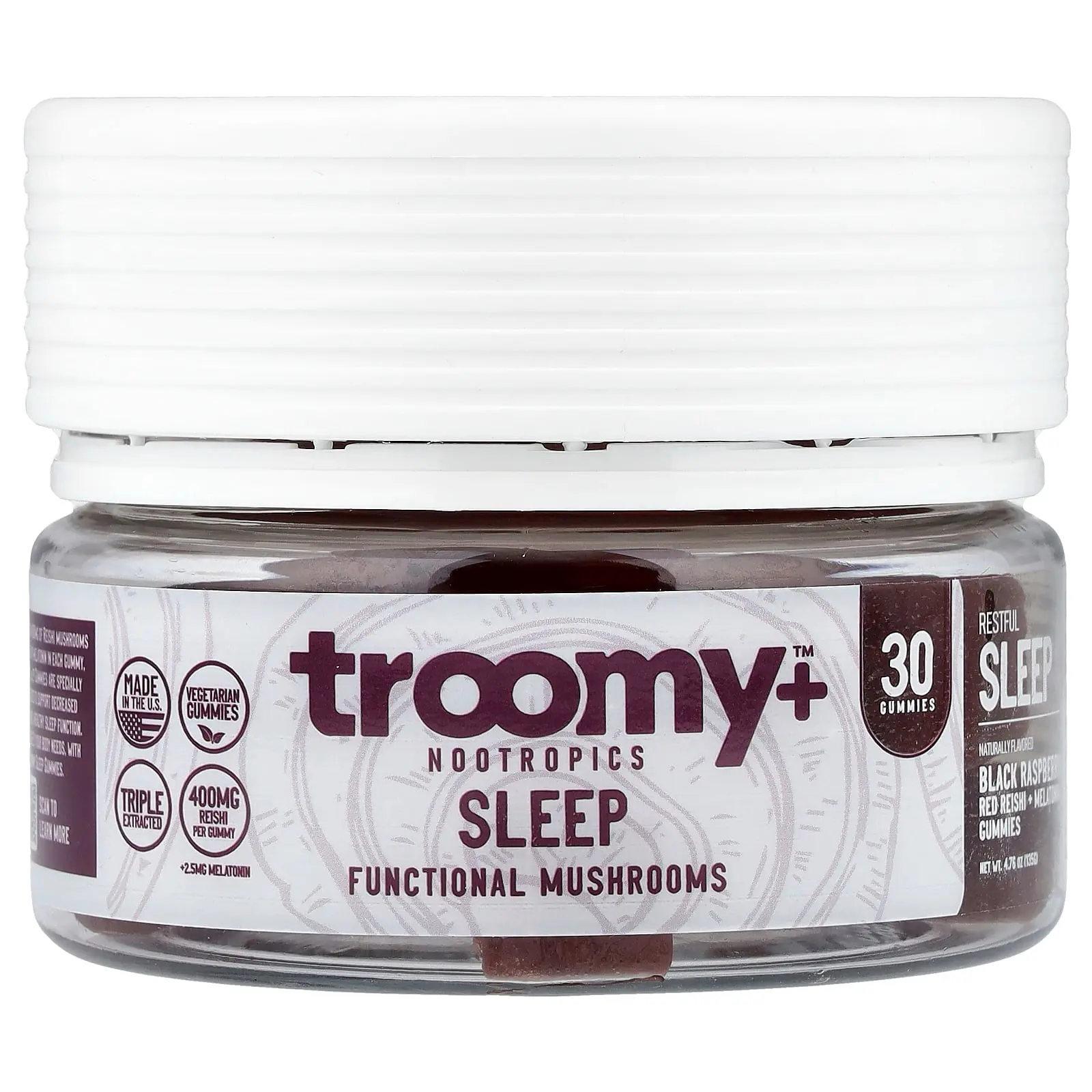 Troomy Nootropics Sleep, Functional Mushrooms Gummies, Black Raspberry, 30 Gummies