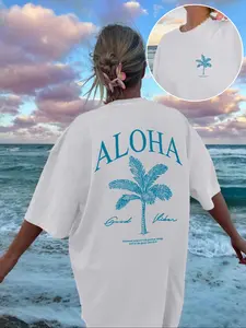 Women's Aloha Letter & Palm Tree Print Round Neck Tee, Casual Loose Short Sleeve Crew Neck T-Shirt for Summer, Fashion Women's Top for Daily Wear