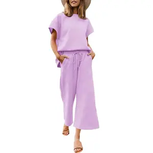 Daintyy  2026 Summer Spring Womens 2 Piece Outfits Sweatsuit Long/Short Sleeve Tops and Drawstring Waist Cropped Wide Leg Pants Loungewear Sets viral  knit Jean Shirt matching sets women Matching Tracksuits Womenswear Soft, Casual