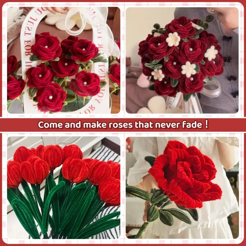 430pcs Red Pipe Cleaners Rose DIY Bouquet Kit - Includes 400 Dense Multi-Shade Red Chenille Stems, 30 Green Floral Wires for Handmade Valentine's/Wedding Gifts & Craft Projects