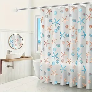 Starfish & Shell Print Shower Curtain, Tropical Shower Curtain, Ocean Shower Curtain, 1 Count Lightweight Shower Curtain Liner with Hook, Water-resistant Shower Liner for Home, Hotel and Bathroom, Waterproof Shower Curtain