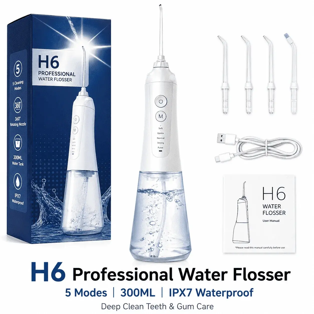 Portable Cordless Water Flosser, 5 Modes, 300ml Tank, 35-Day Battery Life, IPX7 Waterproof, Oral Irrigator for Braces and Sensitive Gums
