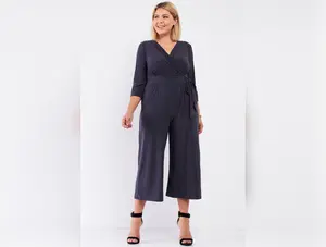Plus Dark Grey Plunging V-neck Midi Sleeve Self-tie Waist Detail Wide Leg Midi Jumpsuit