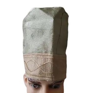 Gold Aso Oke cap Fila Aso Ebi Hat global African headwear Yoruba cap for men and youths.  size 23 1/2 inches.