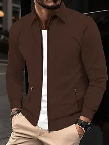 Men's Classic Design Sports Jacket, Casual Baseball Style Zipper Jacket, Suitable for Spring & Fall Seasons, Solid Color, Menswear, Coats
