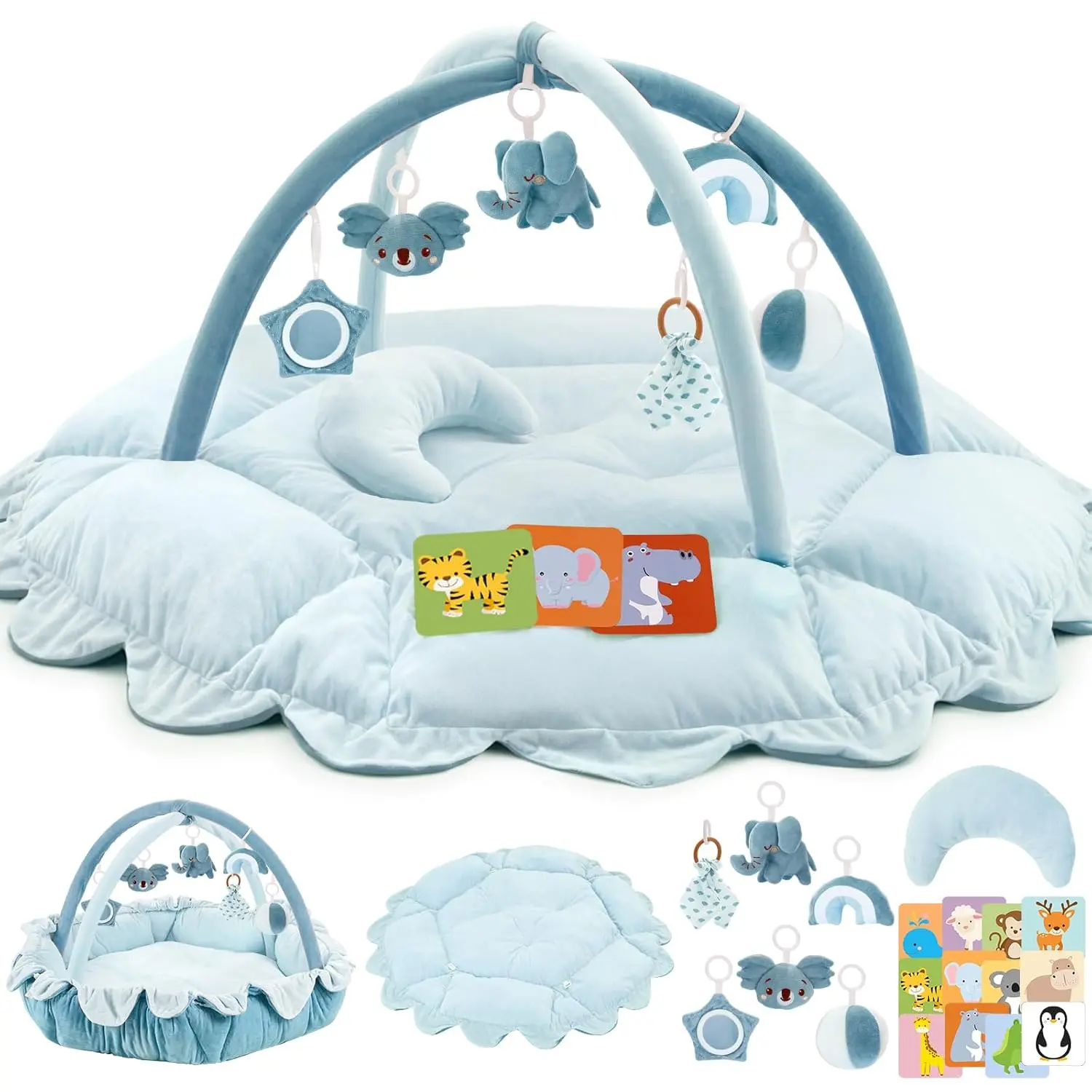 Unisex 5-in-1 Plush Baby Play Gym Activity Mat - Convertible Gym, Pillow, 6 Sensory Toys, Newborn to Toddler Play Center, Blue
