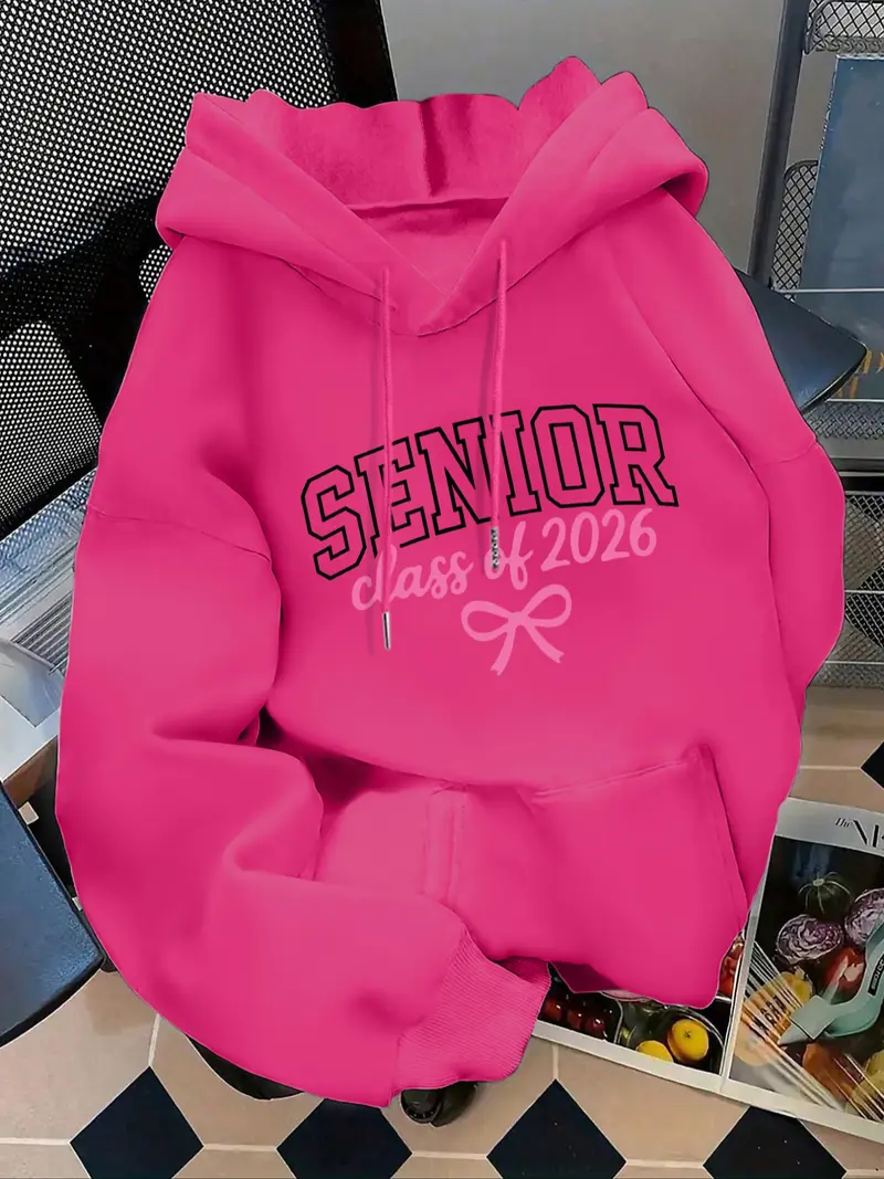 Women's Fashion Hoodie, Senior Class of 2026 Letter Print Pullover, Kangaroo Pocket, Casual Long Sleeve Sweatshirt for Fall & Winter