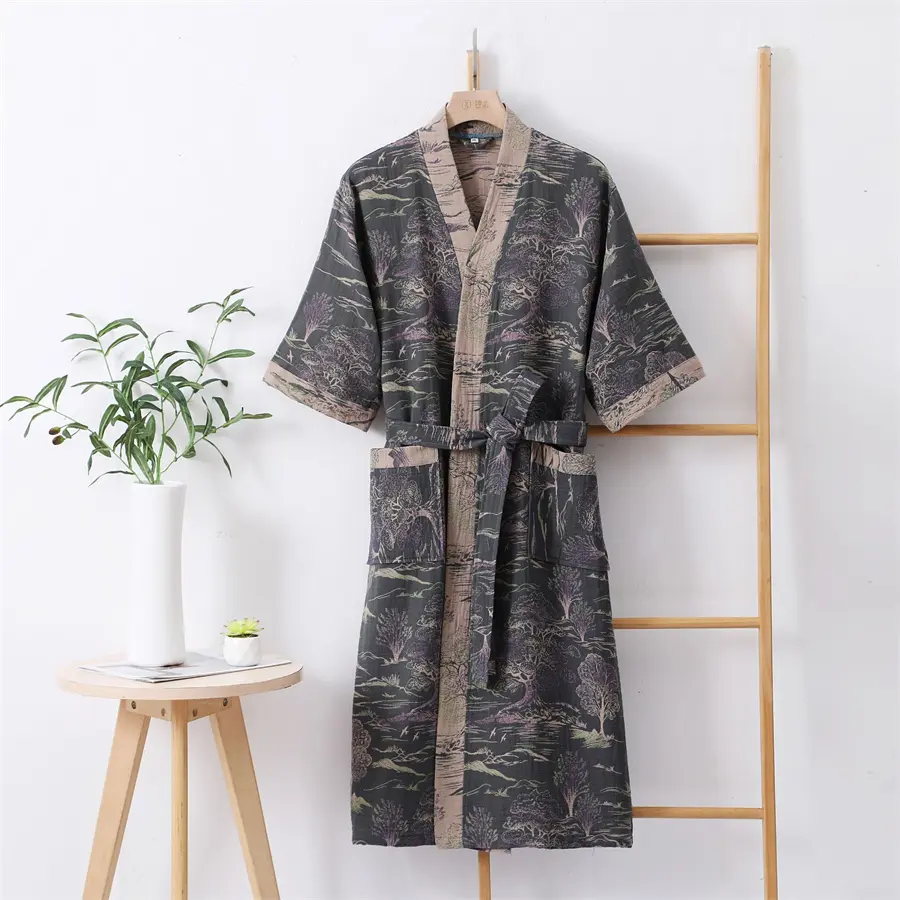 Couple Dressing Gown Retro Loungewear Double Layer Gauze Bathrobe Men  Shower Robe Women V-neck Kimono Sleepwear Night Dress - TikTok Shop