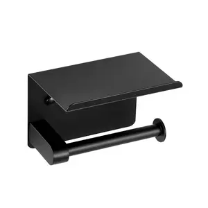 VEVOR Toilet Paper Holder with Shelf, Fits Mega Rolls Size, Stainless Steel Rustproof Material, Wall Mounted with Screws and Double-Sided Tape, Toilet Roll Tissue Holder for Bathroom, Matte Black