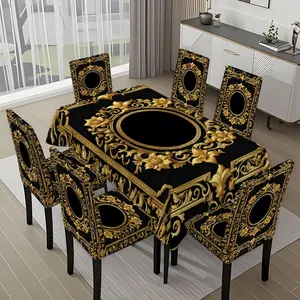 5/7-piece 2D Flat Printing Black and Gold Floral Carved Frame Printing Pattern Tablecloth and Chair Cover Set, for dining table and chair decoration, perfect for home, holiday gatherings, restaurants, and parties.