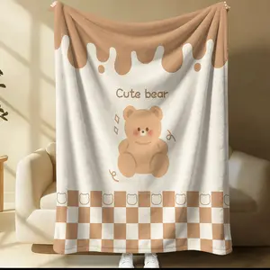 Korean Style Printing Blanket, Facecloth Blanket, Cute Blush Bear Pattern, Cream Color “Cream Drops” Creative Border, Create A Lazy Home Atmosphere, Suitable for Sofa, Bedroom and Travel, All Seasons