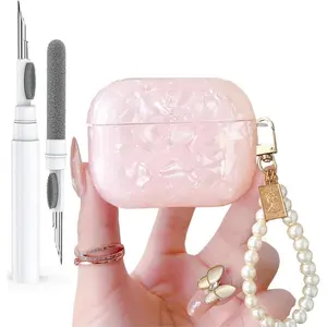for Cute Glitter Airpods Pro 2nd/1st Generation Case with Cleaner Pen, Shell Pattern Airpods iPod Pro 2 Gen Cover Protective Skin Girl Women with Luxury Pearl Keychain 2023/2022/2019 - Pink