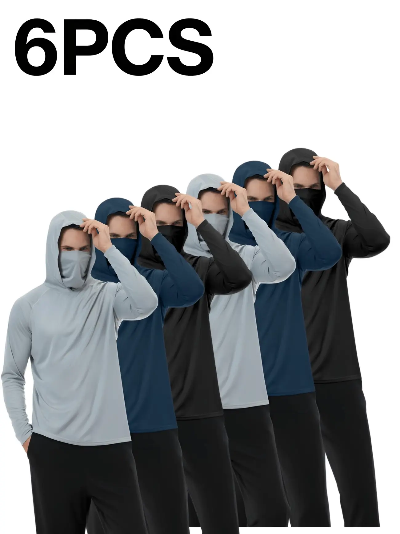 6-Pack Men's Sun Protection Hoodie Shirt with Face Mask, Quick Dry Lightweight Long Sleeve Activewear, UPF 50+ Athletic Compression Top for Gym Fishing
