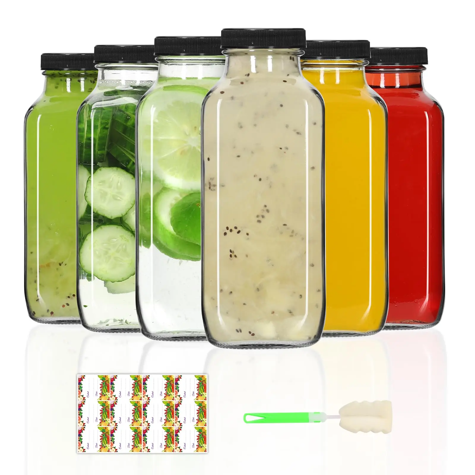 12 oz Classic Square Glass Water Bottles (6-Pack, 0-500 ml/360ml) with Sturdy Leak-Proof Lids - Reusable Portable Bottles for Carrying Beverages, Size for Drinks on the Go