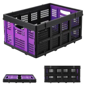 Collapsible Plastic Crate,Foldable Storage Basket,Stackable Utility Crate with Handle,Heavy Duty Milk Crate for Kitchen Office Camping Storage,Purple