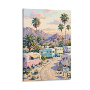 1pc Frameless Oil - Painted Canvas Art, Retro Palm Springs Oases Vintage Trailers, Colorful Desert Wall Decor for Home Living Room Bedroom Office, Printed Artwork
