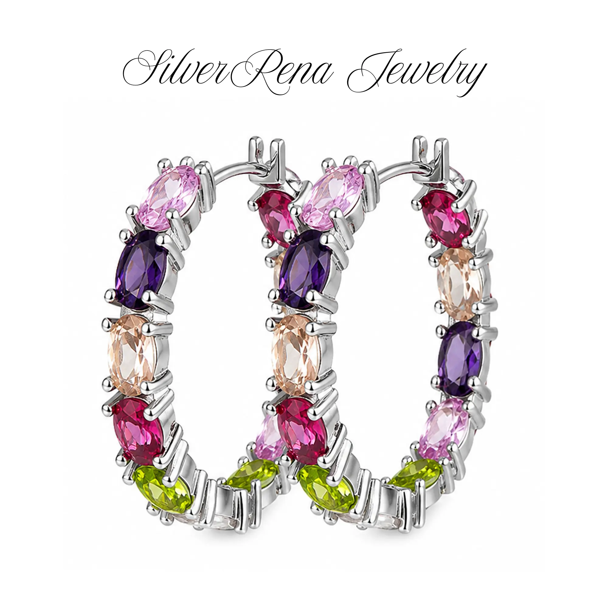 925 Sterling Silver Rainbow Gems Huggie Hoop Earrings, Colorful Marquise Cubic Zirconia Multi-Gemstone Sparkle Accessories, Vintage Wedding Evening Jewelry