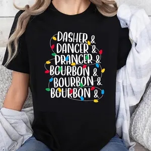 100% Cotton Dasher And Dancer Bourbon Christmas Light String T-Shirt Holiday Fun Shirt For Women Men Gift Top