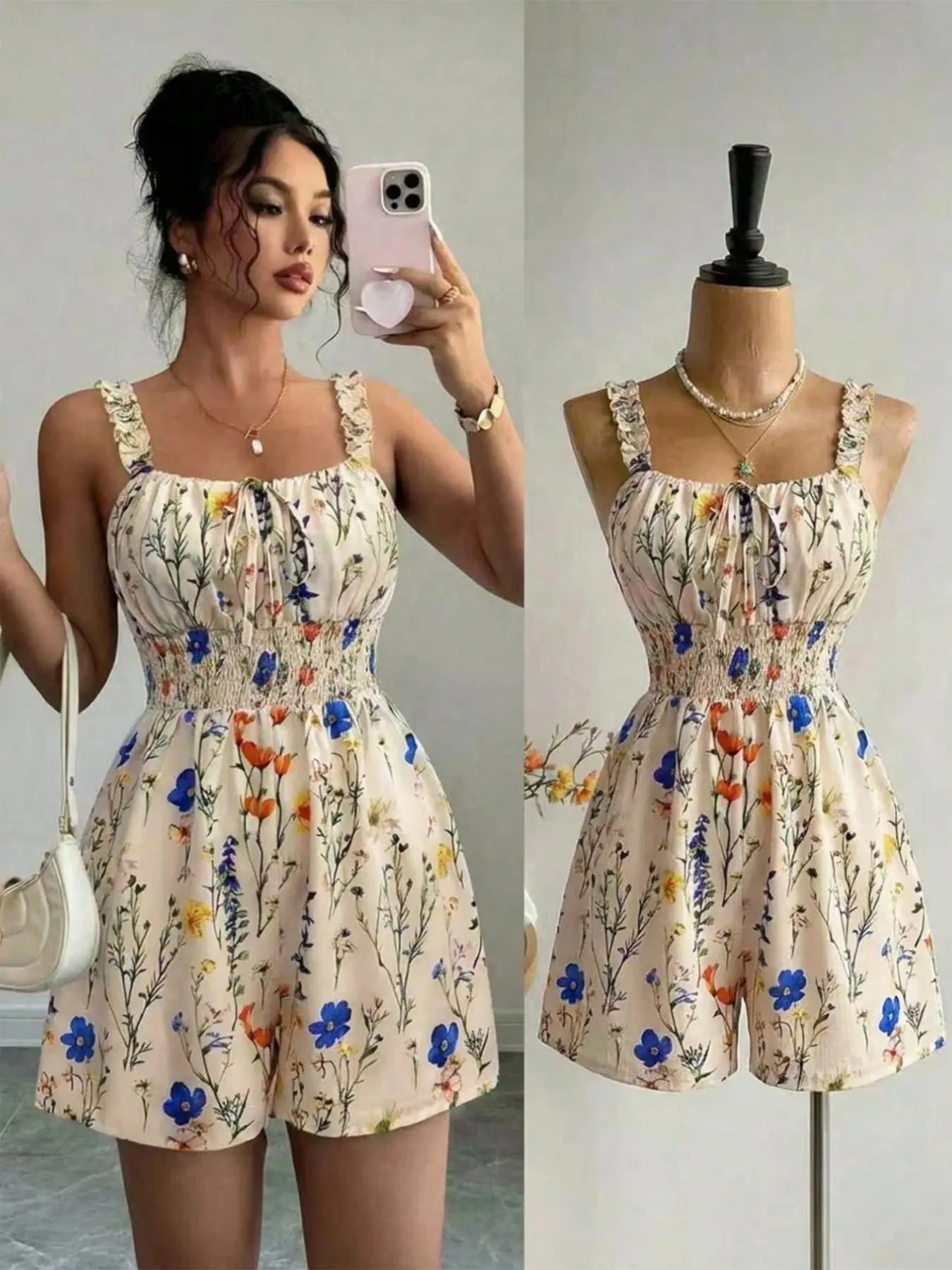 Printed Ruffle Trim Halter Neck Elastic Waist Romper, Stylish and Comfortable One-Piece, Perfect for Casual Wear