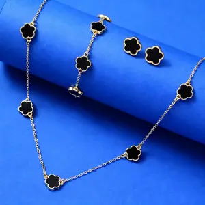 Women's Jewelry Set Lucky Clover Jewelry Aesthetic Five-leaf Clover Bracelet Earrings Necklace Three-piece set for woman Stylish Accessories Party Jewelry everyday  bracelet Black and Gold Clover Jewelry Trend Mothers Day Gift Ideas