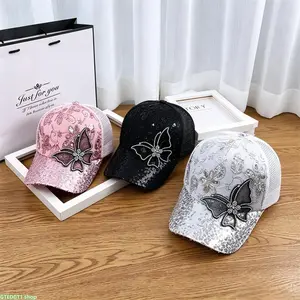 3 pcs Women'S Trendy Sequin Baseball Cap With Rhinestone Butterfly Embroidery, Adjustable Breathable Mesh Trucker Hat, Sun Protection Casual Hat For Outdoor Sports Beach Travel And Daily Wear