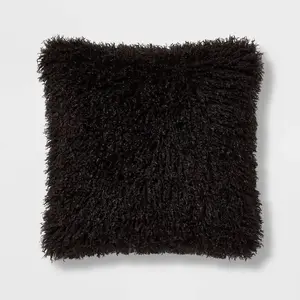 Euro Faux Mongolian Fur Decorative Throw Pillow Black - Threshold