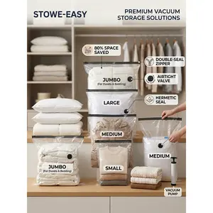 Nexapick 3 Sizes Vacuum Storage Bags 4 Pack with Electric Pump, Jumbo + Medium + Small Space Saver Compression Bags, Airtight Leakproof Reusable for King Comforters, Clothes, Bedding, 80% More Storage