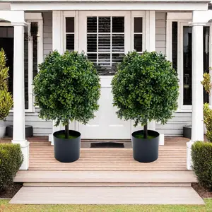 20-in Weatherproof Artificial Boxwood Ball Topiary Trees (Set of 2) - Ball-Shape Faux Boxwood Leaf Shrubs with Plastic Pots, Green Decor for Indoor, Porch Home Use