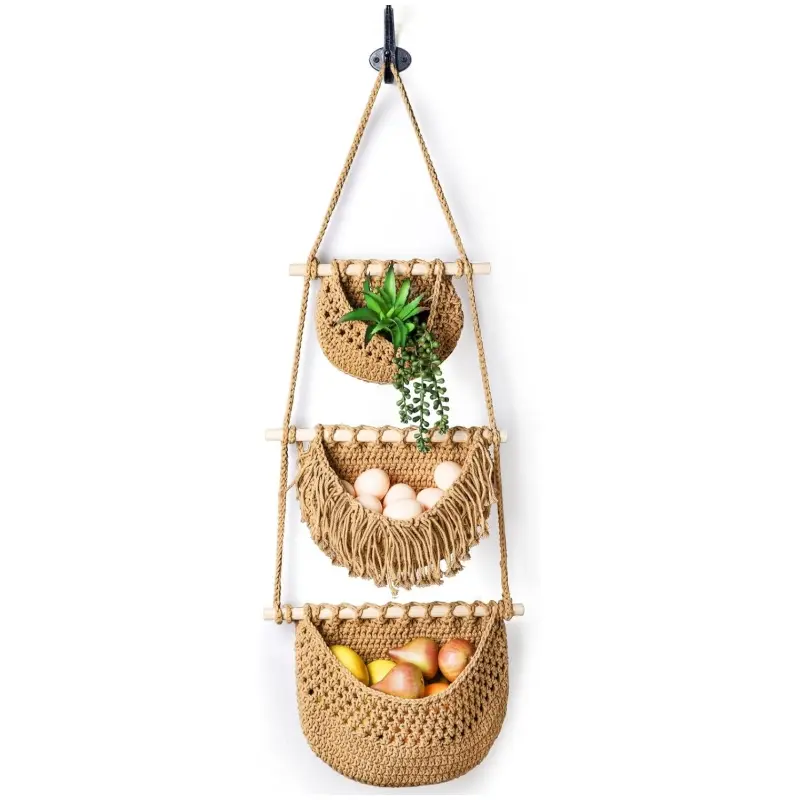 3 Tier Hanging Fruit Basket, Wall Hanging Vegetable Fruit Baskets Cotton Woven Storage Baskets for Organizing, BOHO Wall Basket Decor, Over the Door Organizer for Kitchen, Bedroom, Bathroom