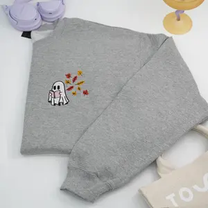 Embroidered Fall Ghost Reading Book Halloween Sweatshirt, Cute Ghost Book Lover Shirt, Spooky Autumn Pullover