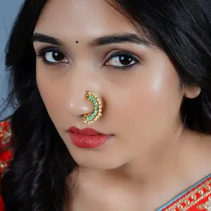 LoveNspire Geometric Antique Moon-Shape Clip-On Nose Ring - Bridal Marathi Nathani with Faux Pearls, Ethnic Design, Ideal for Weddings