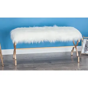 Gold Metal Home Bench with White Faux Fur Top