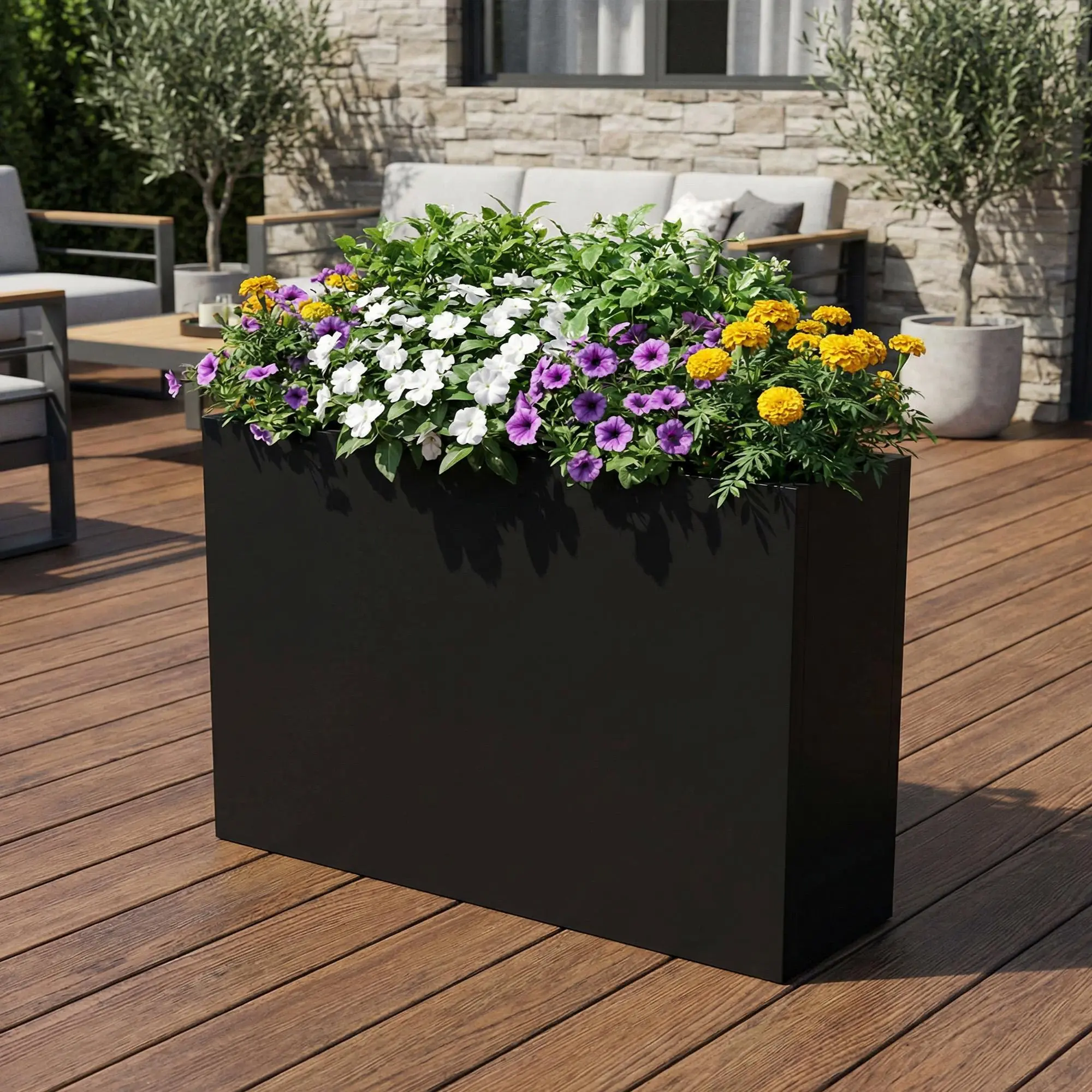 36" Large Metal Rectangular Planter Box - Tall Wrought Iron Raised Garden Bed for Outdoor & Indoor Decor, Weather-Resistant Black Trough Flower Pot for Patio, Balcony, and Porch