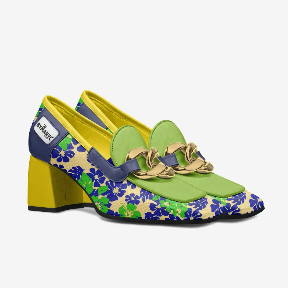 BYMANYC ASTORIA Couture Women's Heeled Loafer New York Vegan Eco-Friendly Floral Print Gold Chain Chunky Heel Size 6-10.5