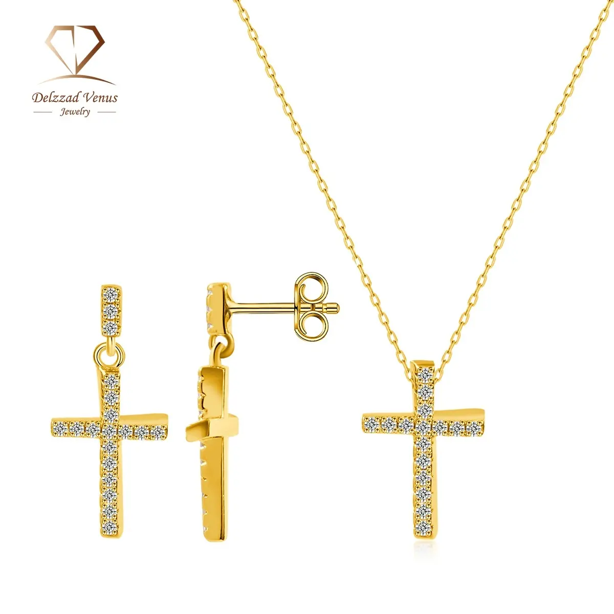 【Sacred Unity Pair‌】Delzzad Golden Cross Dangle Earrings Cross Necklace Phantom Jewelry Set Synthetic Moissanite Necklace Earrings Moissanite Jewelry Set S925 Perfect Birthday Wedding Engagement Anniversary Christmas Gift
