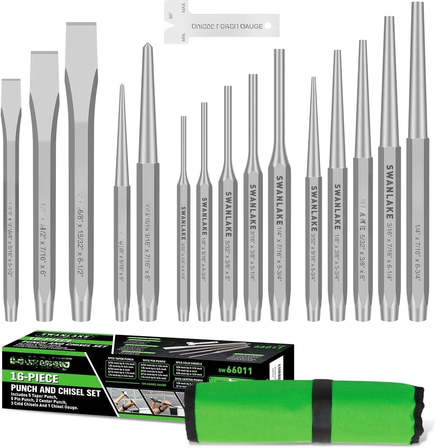 Punch and Chisel Set, Including Taper Punch, Cold Chisels, Pin Punches, Center Punches (16pcs)