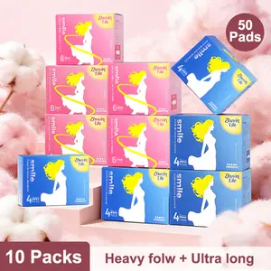 Zhuyinlife Organic Cotton Menstrual Pads 50Ct | 10 Packs Total (5 Night + 5 Extra Long Night), 11.4 Inch Night & 14 Inch Extra Long Night, 8HR Odor Control, Leakproof, Super Absorbent Unscented, Heavy Flow Night Use