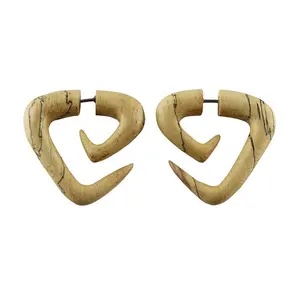 Tamarind Wood Fake Gauge Tri Point Spirals Tribal Earrings