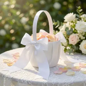 White Satin Flower Girl Basket Wedding Ceremony Basket Oversized Bow Ribbon Elegant Bridal Party Basket Rose Petal Basket