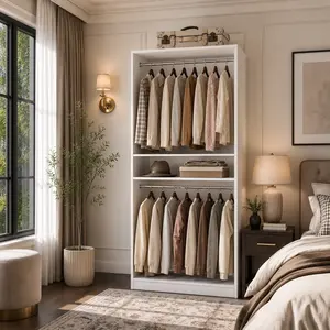 Cyclysio 36" W Freestanding Closet Organizer, Heavy Duty Wood Walk-in Closet System Organization Wardrobe Rack with Adjustable Shelves & 2 Hanging Rods, 800 LBS Capacity